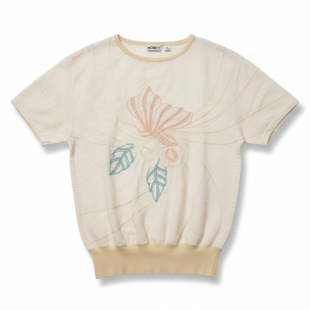 Koret Vintage Short Sleeve Knit Top Cream Embroidered Seashell Floral Ramie S